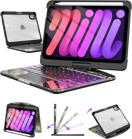 حافظة لوحة مفاتيح شفافة لجهاز iPad Mini 7 A17 Pro(2024) وMini 6 (2021) 8.3 بوصة، لوحة مفاتيح لاسلكية بإضاءة خلفية بـ 7 ألوان مع لوحة لمس، حامل دوار 360 درجة، حامل أقلام لجهاز iPad mini الجيل السابع/السادس، أسود in Kuwait