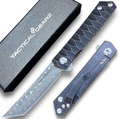 سكين جيب دمشقي لـ EDC، مقبض تيتانيوم Tc4 صلب، شفرة تانتو VG10 من الفولاذ الدمشقي متعدد الطبقات، تتضمن غمدًا (فضي XT) in Kuwait