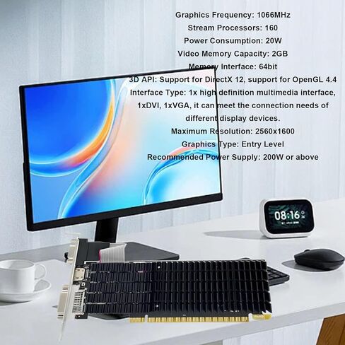 بطاقة رسومات منخفضة المستوى، بطاقة فيديو DDR3 64 بت PCI Express بسعة 2 جيجابايت مع تبريد بمروحة واحدة، لإعداد شاشات متعددة 7 8 10 in Saudi Arabia