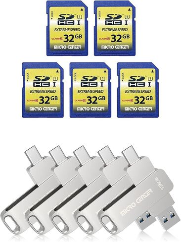 مجموعة Micro Center 2 في 1: 5 عبوات بسعة 128 جيجابايت من النوع A+C USB 3.2 محرك أقراص مزدوج، 5 عبوات من بطاقات ذاكرة فلاش SDHC بسعة 32 جيجابايت فئة 10 in Saudi Arabia