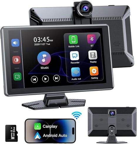 شاشة Carplay لاسلكية محمولة، شاشة لمس PBYRD مقاس 9 بوصات مع كاميرا أمامية بدقة 4K HD، ستيريو سيارة مع Apple Carplay وAndroid Auto، وصلة مرآة/تحكم صوتي/بلوتوث/ملاحة GPS-2025 جديد in Kuwait