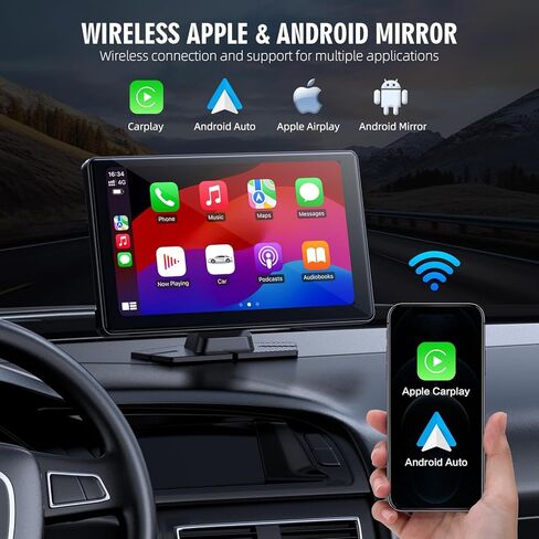 شاشة Carplay لاسلكية محمولة، شاشة لمس PBYRD مقاس 9 بوصات مع كاميرا أمامية بدقة 4K HD، ستيريو سيارة مع Apple Carplay وAndroid Auto، وصلة مرآة/تحكم صوتي/بلوتوث/ملاحة GPS-2025 جديد in Kuwait