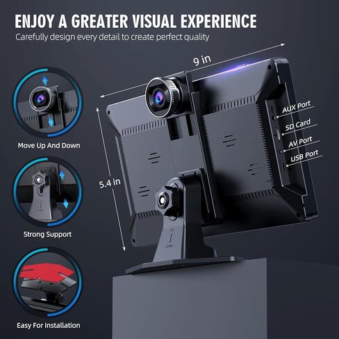 شاشة Carplay لاسلكية محمولة، شاشة لمس PBYRD مقاس 9 بوصات مع كاميرا أمامية بدقة 4K HD، ستيريو سيارة مع Apple Carplay وAndroid Auto، وصلة مرآة/تحكم صوتي/بلوتوث/ملاحة GPS-2025 جديد in Kuwait