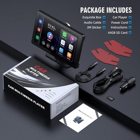 شاشة Carplay لاسلكية محمولة، شاشة لمس PBYRD مقاس 9 بوصات مع كاميرا أمامية بدقة 4K HD، ستيريو سيارة مع Apple Carplay وAndroid Auto، وصلة مرآة/تحكم صوتي/بلوتوث/ملاحة GPS-2025 جديد in Kuwait