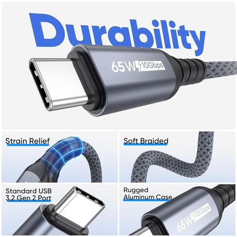 كابل نقل بيانات FEMORO USB C بطول 3 أقدام، USB 3.2 Gen 2 10 جيجابت في الثانية عالي السرعة، PD 65 وات شحن سريع من النوع C إلى سلك C لجهاز Galaxy S25/24/23 iPhone 17/16/15 iPad Pro/Air/Mini External SSD Dock Station in Kuwait