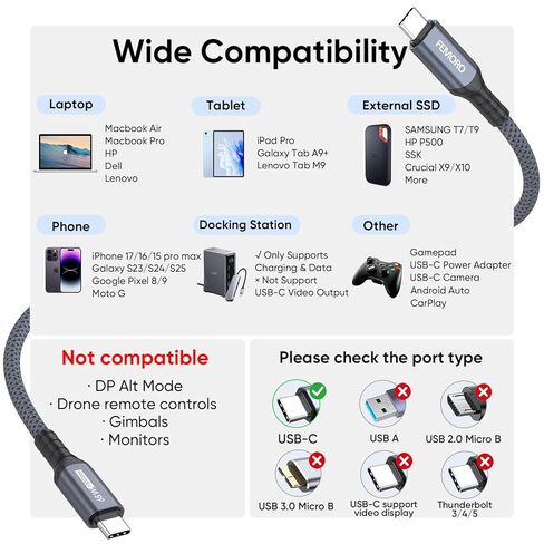 كابل نقل بيانات FEMORO USB C بطول 3 أقدام، USB 3.2 Gen 2 10 جيجابت في الثانية عالي السرعة، PD 65 وات شحن سريع من النوع C إلى سلك C لجهاز Galaxy S25/24/23 iPhone 17/16/15 iPad Pro/Air/Mini External SSD Dock Station in Kuwait