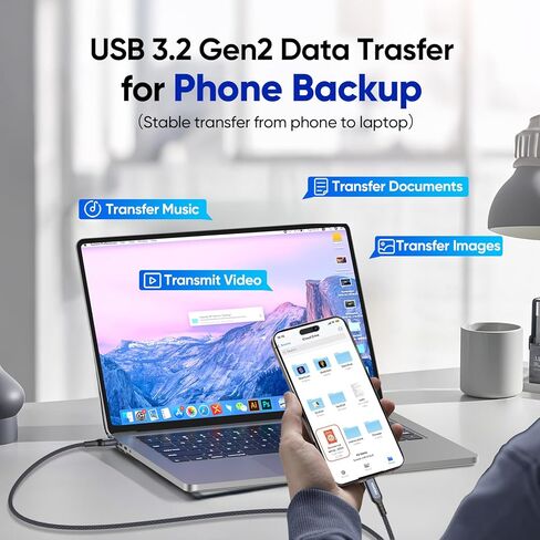 كابل نقل بيانات FEMORO USB C بطول 3 أقدام، USB 3.2 Gen 2 10 جيجابت في الثانية عالي السرعة، PD 65 وات شحن سريع من النوع C إلى سلك C لجهاز Galaxy S25/24/23 iPhone 17/16/15 iPad Pro/Air/Mini External SSD Dock Station in Kuwait
