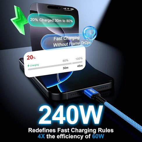 كابل USB C إلى USB C بقدرة 240 واط، 2 حزمة من النايلون المضفر من النوع C سلك شاحن C إلى C شحن سريع لهاتف iPhone 17 Pro Max Air 16e 16 15 Pro Max Plus، Macbook Pro/Air، iPad Pro، Samsung Galaxy S25 S24 FE in Kuwait