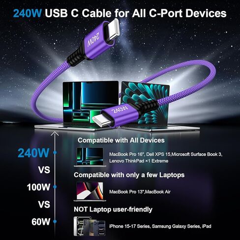كابل USB C إلى USB C بقدرة 240 واط، 2 حزمة من النايلون المضفر من النوع C سلك شاحن C إلى C شحن سريع لهاتف iPhone 17 Pro Max Air 16e 16 15 Pro Max Plus، Macbook Pro/Air، iPad Pro، Samsung Galaxy S25 S24 FE in Kuwait