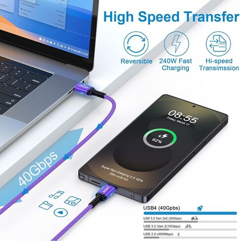 كابل USB C إلى USB C بقدرة 240 واط، 2 حزمة من النايلون المضفر من النوع C سلك شاحن C إلى C شحن سريع لهاتف iPhone 17 Pro Max Air 16e 16 15 Pro Max Plus، Macbook Pro/Air، iPad Pro، Samsung Galaxy S25 S24 FE in Kuwait