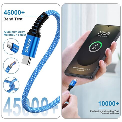 كابل USB C إلى USB C بقدرة 240 واط، 2 حزمة من النايلون المضفر من النوع C سلك شاحن C إلى C شحن سريع لهاتف iPhone 17 Pro Max Air 16e 16 15 Pro Max Plus، Macbook Pro/Air، iPad Pro، Samsung Galaxy S25 S24 FE in Kuwait