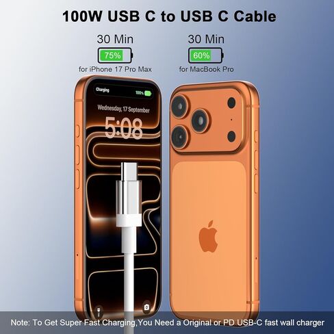 كابل USB C إلى USB C بطول 6 أقدام 100 وات سلك شحن سريع من النوع C لهاتف iPhone 17 16 Pro Max 16E 15/iPad Pro 10 11th Air MacBook، لهاتف Samsung S25 Ultra S24 S23 A36 A16 A17/Pixel 10 9a/شاحن هاتف Android، أبيض in Saudi Arabia