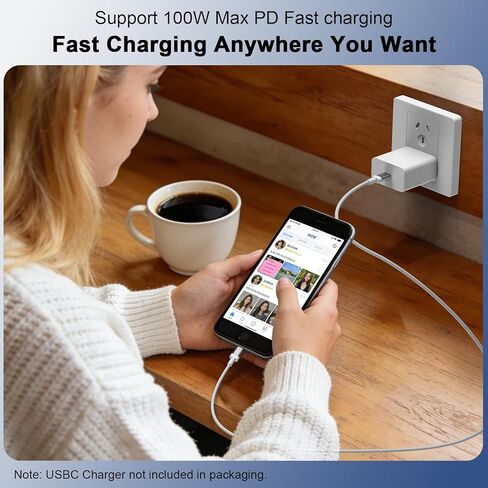كابل USB C إلى USB C بطول 6 أقدام 100 وات سلك شحن سريع من النوع C لهاتف iPhone 17 16 Pro Max 16E 15/iPad Pro 10 11th Air MacBook، لهاتف Samsung S25 Ultra S24 S23 A36 A16 A17/Pixel 10 9a/شاحن هاتف Android، أبيض in Saudi Arabia