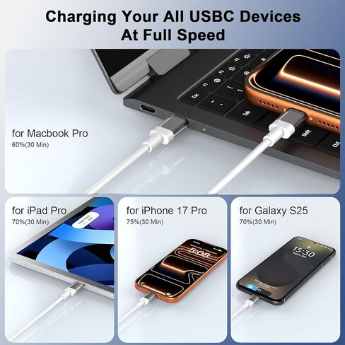 كابل USB C إلى USB C بطول 6 أقدام 100 وات سلك شحن سريع من النوع C لهاتف iPhone 17 16 Pro Max 16E 15/iPad Pro 10 11th Air MacBook، لهاتف Samsung S25 Ultra S24 S23 A36 A16 A17/Pixel 10 9a/شاحن هاتف Android، أبيض in Saudi Arabia