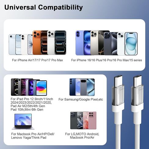 كابل USB C إلى USB C بطول 6 أقدام 100 وات سلك شحن سريع من النوع C لهاتف iPhone 17 16 Pro Max 16E 15/iPad Pro 10 11th Air MacBook، لهاتف Samsung S25 Ultra S24 S23 A36 A16 A17/Pixel 10 9a/شاحن هاتف Android، أبيض in Saudi Arabia