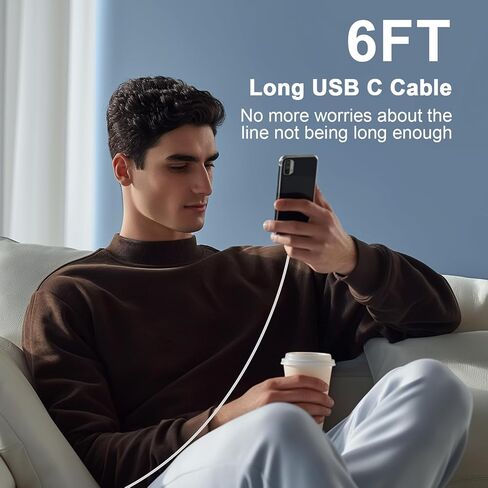 كابل USB C إلى USB C بطول 6 أقدام 100 وات سلك شحن سريع من النوع C لهاتف iPhone 17 16 Pro Max 16E 15/iPad Pro 10 11th Air MacBook، لهاتف Samsung S25 Ultra S24 S23 A36 A16 A17/Pixel 10 9a/شاحن هاتف Android، أبيض in Saudi Arabia
