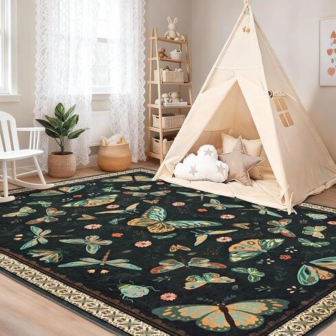 2' x 3' Black Washable Area Rugs, Non-Slip Entryway Rug, Modern Low Pile Door Mat Indoor Entrance, Floral Butterfly Insect Throw Rug for Kitchen, Bathroom, Bedroom, Nursery, Laundry Room, Farmhouse in Saudi Arabia