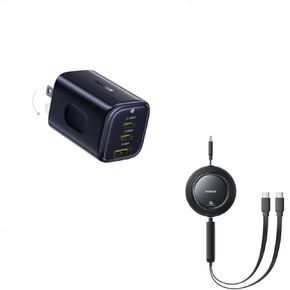 شاحن Baseus PICOGO 67W USB C، أصغر كتلة شحن سريعة 3 منافذ مع قابس قابل للطي وكابل USB C قابل للسحب من Baseus، 100W 2 في 1 USBC إلى USBC كابل شحن سريع متعدد in Kuwait