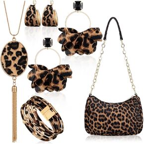 Sotiff 5 Pcs Women Leopard Jewelry Set Statement Leopard Clutch Purse Earring Leather Wrap Bracelets Long Tassel Pendant Necklace in Saudi Arabia