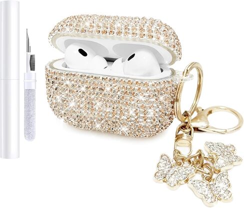 Compatible with AirPods Pro 2 Case Cover 2022, Hard TPU Case with Glitter Diamond for AirPods Pro 2nd/1st Generation with Bling Butterfly Keychain and Cleaning Kit for Girls Women (Gold) in Saudi Arabia