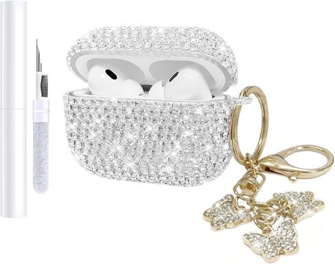 Compatible with AirPods Pro 2 Case Cover 2022, Hard TPU Case with Glitter Diamond for AirPods Pro 2nd/1st Generation with Bling Butterfly Keychain and Cleaning Kit for Girls Women (Gold) in Saudi Arabia