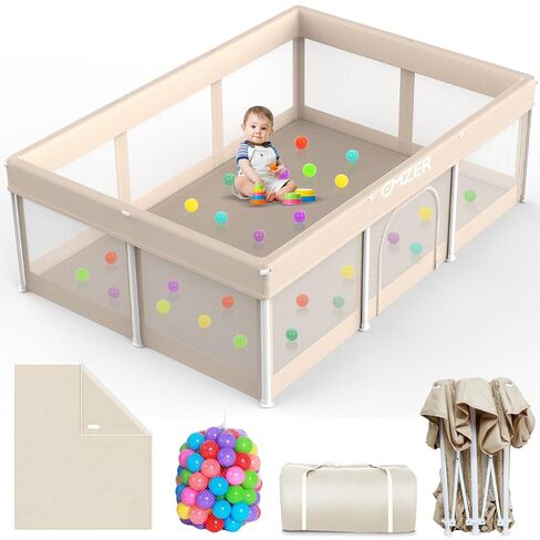 Foldable Baby Playpen with Mat: 50 x 50 Inch Portable Playpen - Play Pen for Babies and Toddlers with Zipper Door - Collapsible Play Pen for Babies with Carry Bag & 30 Ocean Balls for Indoor Outdoor in Kuwait