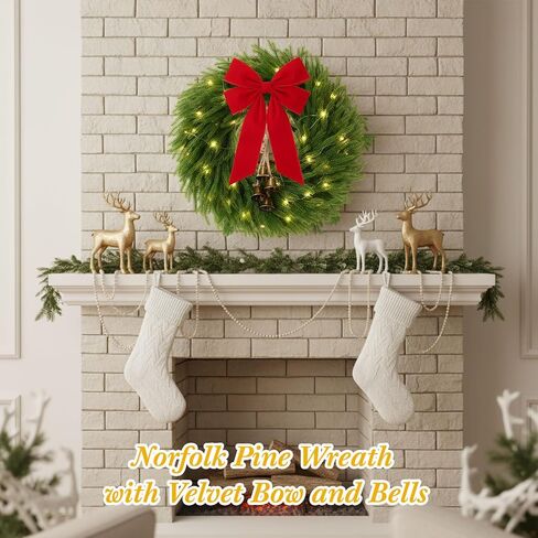 Daifunli 2 Pack 22 Inch Pre-Lit Christmas Wreath Norfolk Pine Wreath with Velvet Bow and Bells Realistic Greenery Holiday Decoration for Front Door Indoor Outdoor Christmas Decor (Olive Green) in Saudi Arabia