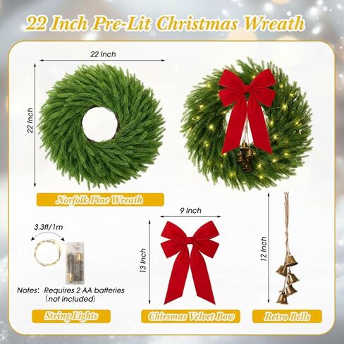 Daifunli 2 Pack 22 Inch Pre-Lit Christmas Wreath Norfolk Pine Wreath with Velvet Bow and Bells Realistic Greenery Holiday Decoration for Front Door Indoor Outdoor Christmas Decor (Olive Green) in Saudi Arabia
