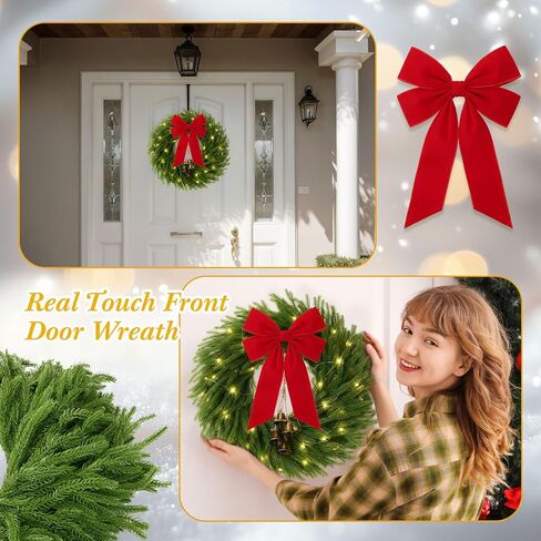 Daifunli 2 Pack 22 Inch Pre-Lit Christmas Wreath Norfolk Pine Wreath with Velvet Bow and Bells Realistic Greenery Holiday Decoration for Front Door Indoor Outdoor Christmas Decor (Olive Green) in Saudi Arabia