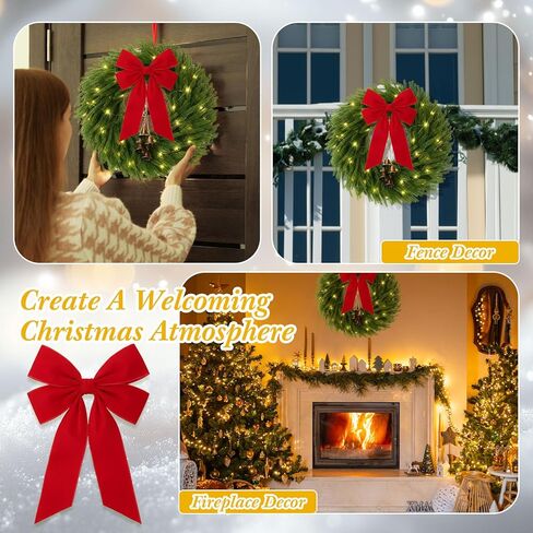 Daifunli 2 Pack 22 Inch Pre-Lit Christmas Wreath Norfolk Pine Wreath with Velvet Bow and Bells Realistic Greenery Holiday Decoration for Front Door Indoor Outdoor Christmas Decor (Olive Green) in Saudi Arabia