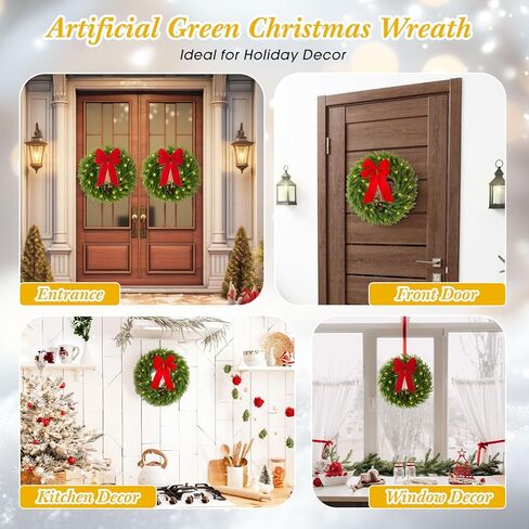 Daifunli 2 Pack 22 Inch Pre-Lit Christmas Wreath Norfolk Pine Wreath with Velvet Bow and Bells Realistic Greenery Holiday Decoration for Front Door Indoor Outdoor Christmas Decor (Olive Green) in Saudi Arabia