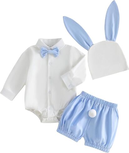 Ledy Champswiin Baby Boy Easter Outfit Shorts Set with Bunny Hat Button Bow Tie Shirt Romper Cute Easter Infant Boy Clothes in Saudi Arabia