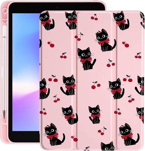 حافظة LuGeKe Cherry Cat لجهاز iPad Air 6 مقاس 11 بوصة، حافظة فريدة من نوعها، حامل قلم رصاص وظهر أكريليك شفاف وغطاء حامل ثلاثي الطي للنساء in Saudi Arabia