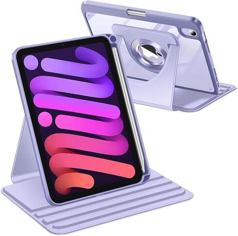 حافظة Fintie دوارة 360 درجة لجهاز iPad mini 7 (A17 Pro، الجيل السابع) 2024 / iPad mini 6 (الجيل السادس) 8.3 بوصة - غطاء خلفي شفاف مع حامل قلم رصاص (أرجواني) in Kuwait