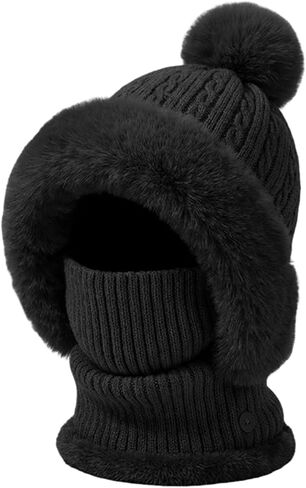 قبعة صغيرة 3 في 1 مع وشاح وقناع قبعات شتوية دافئة للنساء قبعة صغيرة مبطنة بالصوف للنساء المتزلجات in Kuwait