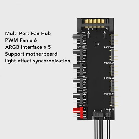 محور ARGB وPWM، 5 منافذ 5V 3PIN ARGB و6 منافذ 12V 4PIN PWM Fan Hub لإضاءة RGB قابلة للتحكم، مصدر طاقة SATA 12V 4Pin، 2 في 1 مزامنة وحدة المعالجة المركزية لمروحة تبريد PCB الفاصل in Kuwait