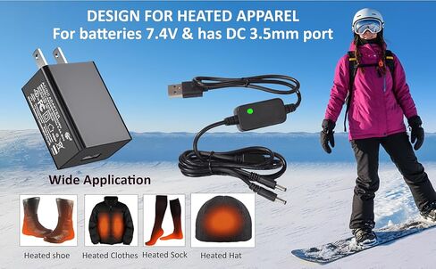 7.4V USB-DC Dual Port Charger Cable for Heated Glove Lithium Battery Compatible with Savior Snow Deer Sun Will Heat Gloves, Heated Socks, Heated Vest, Mittens Liners Battery Charger, Rechargeable in Saudi Arabia