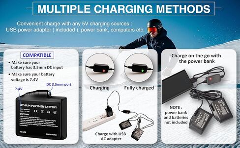 7.4V USB-DC Dual Port Charger Cable for Heated Glove Lithium Battery Compatible with Savior Snow Deer Sun Will Heat Gloves, Heated Socks, Heated Vest, Mittens Liners Battery Charger, Rechargeable in Saudi Arabia