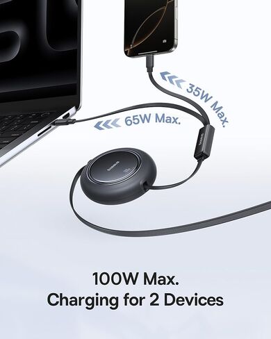 شاحن Baseus PICOGO 67W USB C، أصغر كتلة شحن سريعة 3 منافذ مع قابس قابل للطي وكابل USB C قابل للسحب من Baseus، 100W 2 في 1 USBC إلى USBC كابل شحن سريع متعدد in Kuwait