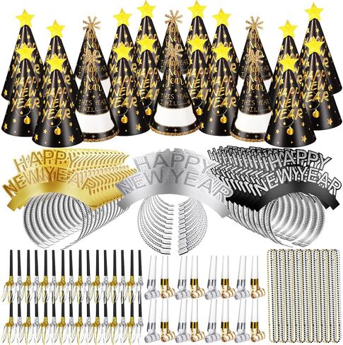 500 Pcs New Year Eve Party Supplies 2026 Happy New Year Decor for 100 Guest Cone Hat and Tiaras Beaded Necklace Noise Maker(Multicolor) in Kuwait