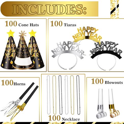 500 Pcs New Year Eve Party Supplies 2026 Happy New Year Decor for 100 Guest Cone Hat and Tiaras Beaded Necklace Noise Maker(Multicolor) in Kuwait
