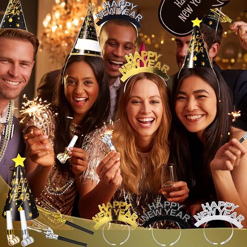 500 Pcs New Year Eve Party Supplies 2026 Happy New Year Decor for 100 Guest Cone Hat and Tiaras Beaded Necklace Noise Maker(Multicolor) in Kuwait