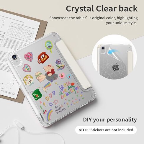 حافظة kenke لجهاز iPad mini A17 pro 8.3 بوصة 2024، لجهاز iPad mini الجيل السادس 8.3 بوصة 2021 مع حامل قلم رصاص، غطاء حامل صلب قابل للطي على شكل حرف Y مع غطاء خلفي صلب شفاف بالكامل، تنبيه/نوم تلقائي، أبيض كريمي in Kuwait