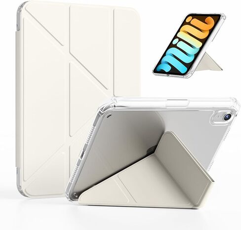 حافظة kenke لجهاز iPad mini A17 pro 8.3 بوصة 2024، لجهاز iPad mini الجيل السادس 8.3 بوصة 2021 مع حامل قلم رصاص، غطاء حامل صلب قابل للطي على شكل حرف Y مع غطاء خلفي صلب شفاف بالكامل، تنبيه/نوم تلقائي، أبيض كريمي in Kuwait