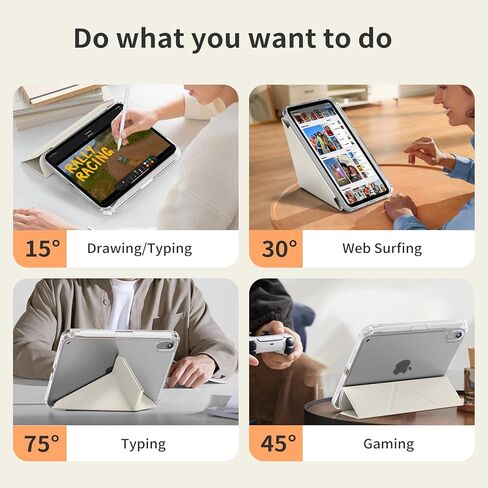 حافظة kenke لجهاز iPad mini A17 pro 8.3 بوصة 2024، لجهاز iPad mini الجيل السادس 8.3 بوصة 2021 مع حامل قلم رصاص، غطاء حامل صلب قابل للطي على شكل حرف Y مع غطاء خلفي صلب شفاف بالكامل، تنبيه/نوم تلقائي، أبيض كريمي in Kuwait