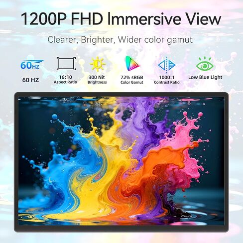 شاشة محمولة للسفر مقاس 16 بوصة، موسع شاشة كمبيوتر محمول FHD 1200P مع مسند أفقي ورأسي قابل للفصل 360 درجة، ومكبرات صوت، وشاشة ألعاب محمولة للعاملين عن بعد، والبدو الرقميين in Kuwait