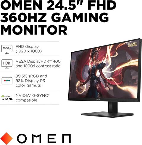 شاشة HP OMEN مقاس 24.5 بوصة FHD 360 هرتز للألعاب، شاشة FHD (1920 × 1080)، تقنية لوحة IPS، VESA DisplayHDR 400، 1ms GtG (مع Overdrive)، متوافق مع NVIDIA G-SYNC، أسود، OMEN 25 (2025) in Saudi Arabia