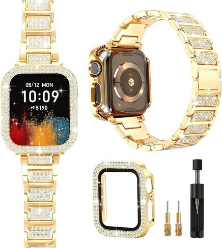 حزام ذهبي لساعة Apple Watch SE 3 نطاقات 40 مم للنساء مع حافظة واقية، سوار كريستال معدني لامع لسلسلة iWatch Band Series 6 5 4 SE SE2، استبدال المجوهرات الماسية لسوار معصم iPhone اللامع النحيف in Kuwait