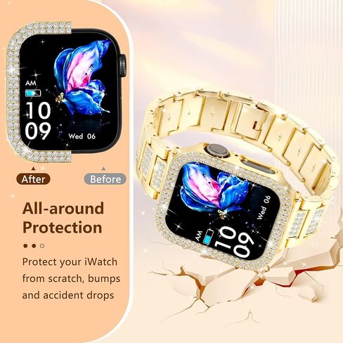 حزام ذهبي لساعة Apple Watch SE 3 نطاقات 40 مم للنساء مع حافظة واقية، سوار كريستال معدني لامع لسلسلة iWatch Band Series 6 5 4 SE SE2، استبدال المجوهرات الماسية لسوار معصم iPhone اللامع النحيف in Kuwait