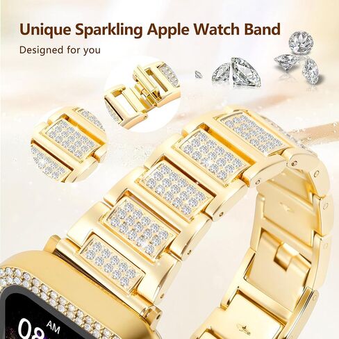 حزام ذهبي لساعة Apple Watch SE 3 نطاقات 40 مم للنساء مع حافظة واقية، سوار كريستال معدني لامع لسلسلة iWatch Band Series 6 5 4 SE SE2، استبدال المجوهرات الماسية لسوار معصم iPhone اللامع النحيف in Kuwait